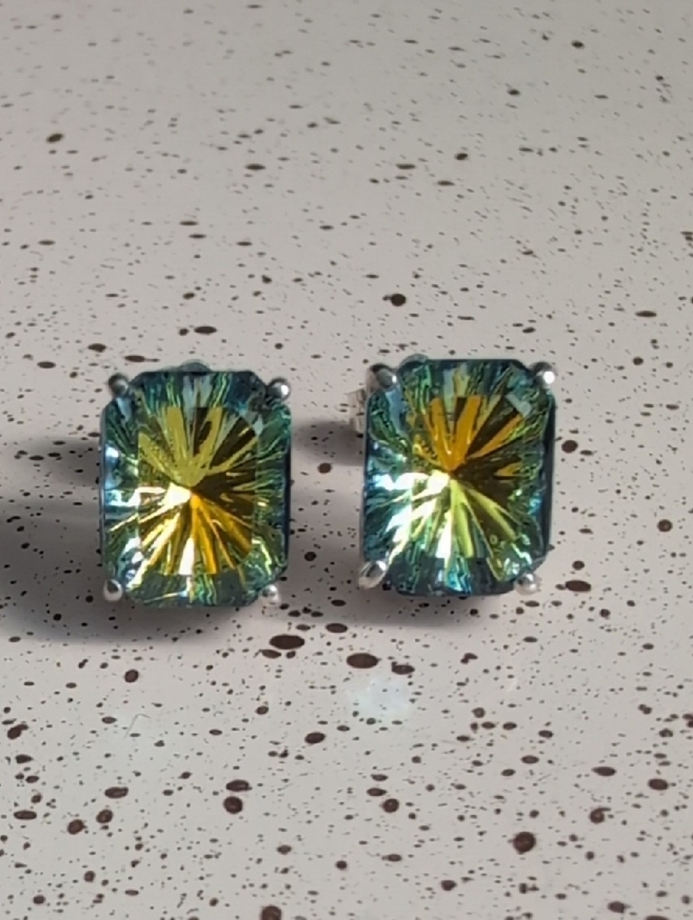 Vintage Crystal Green Yellow Radiant Sterling Silver Stud Earrings